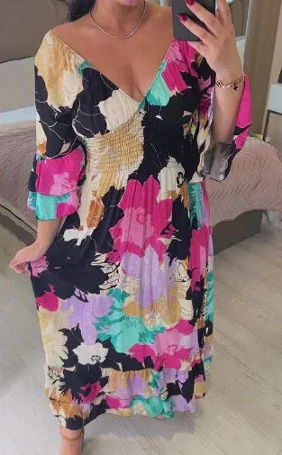 50% OFFV-neck Floral Seaside Vacation Loose Dress