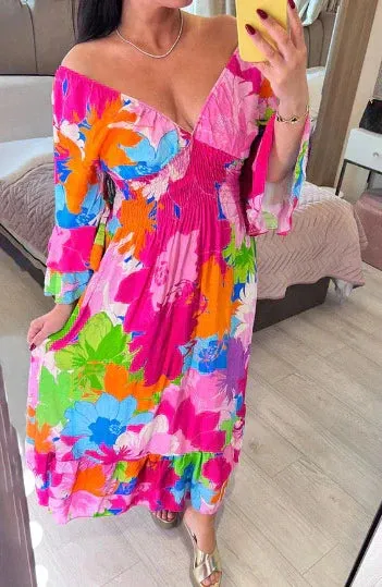 50% OFFV-neck Floral Seaside Vacation Loose Dress
