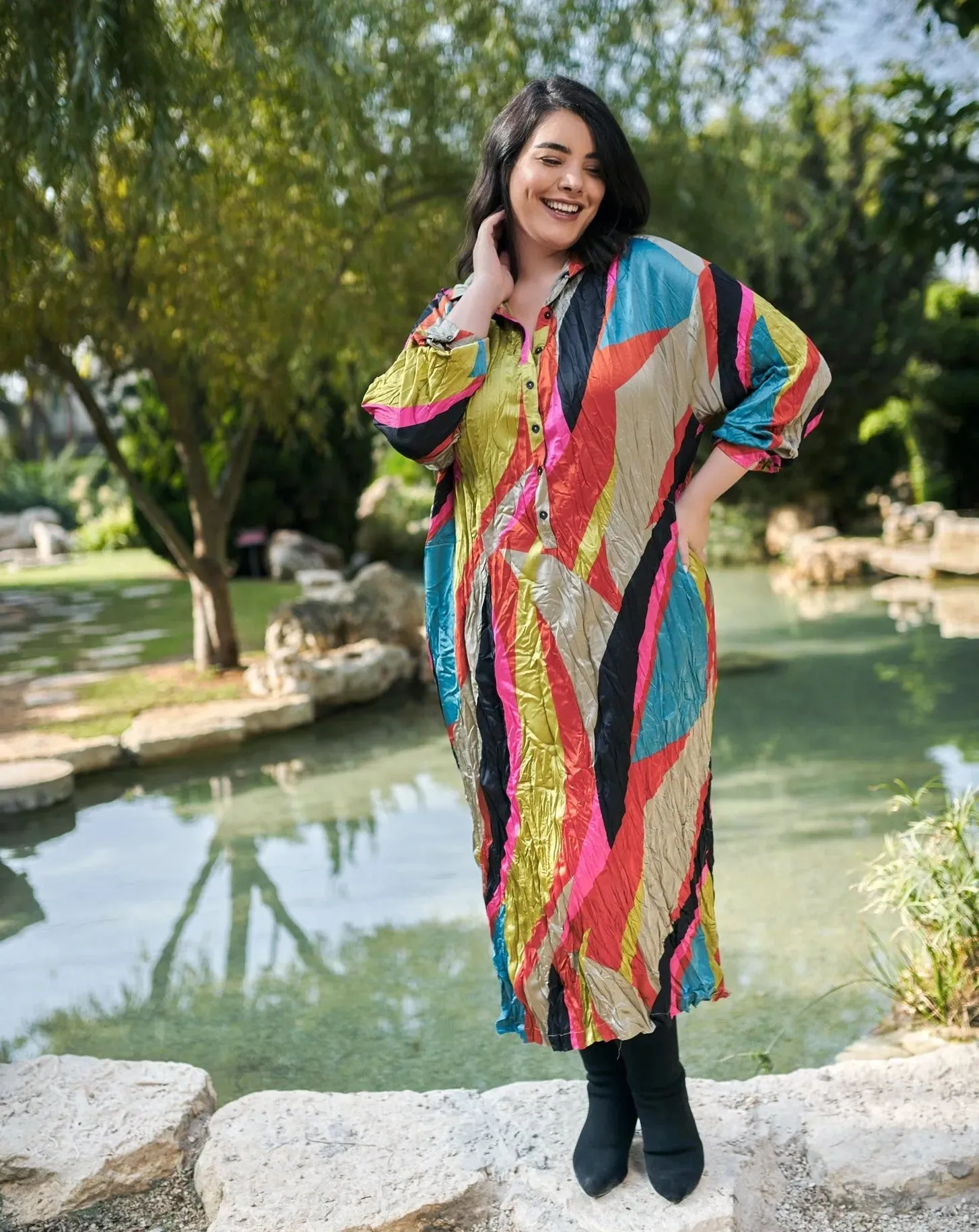Abstract Crinkle Shirtdress, Multi