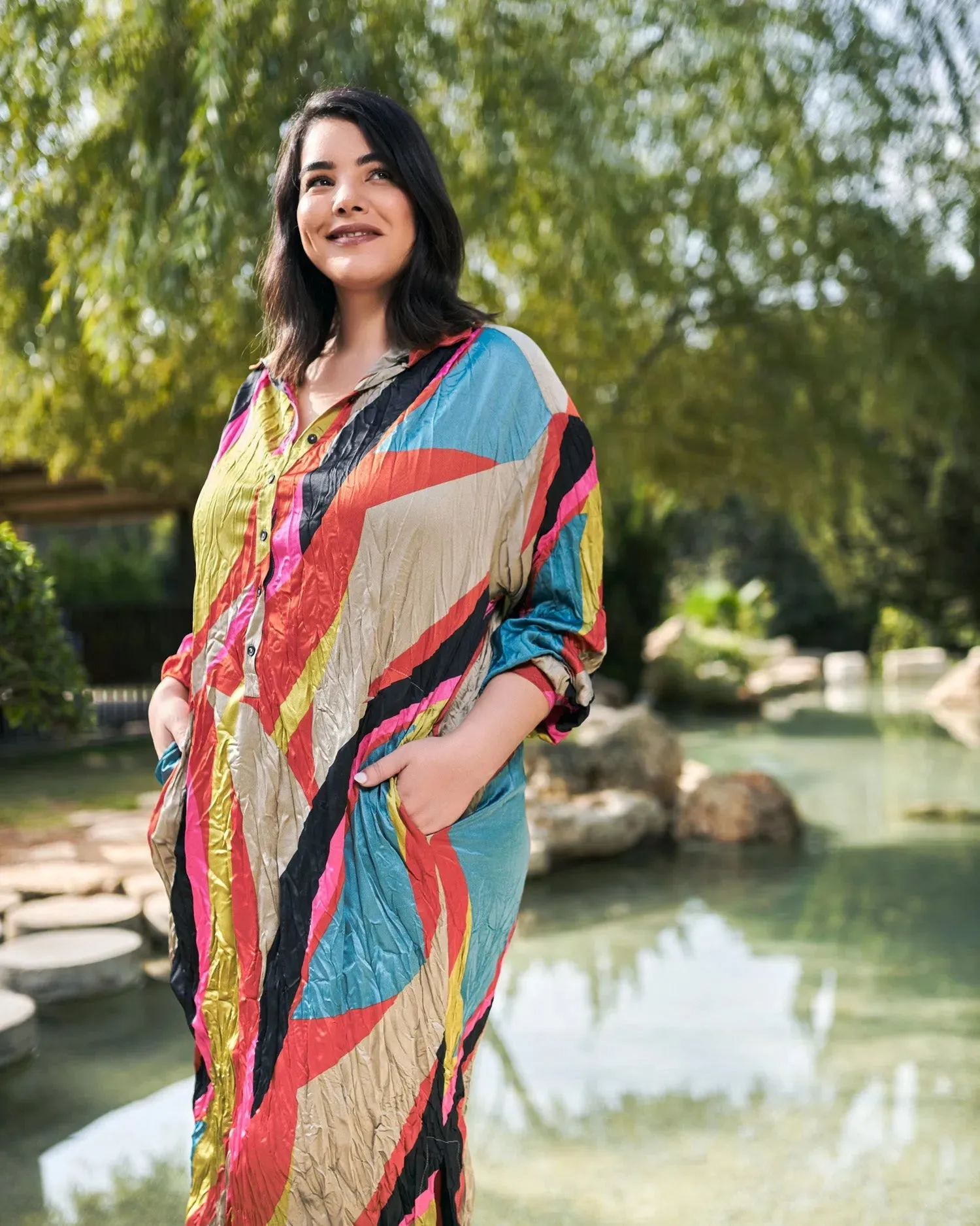 Abstract Crinkle Shirtdress, Multi