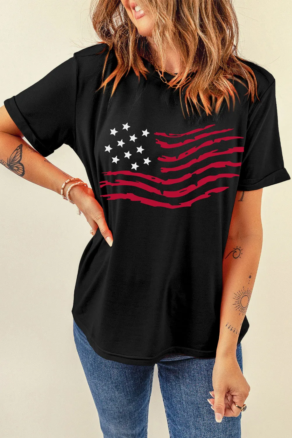 American Flag Graphic Crew Neck T Shirt