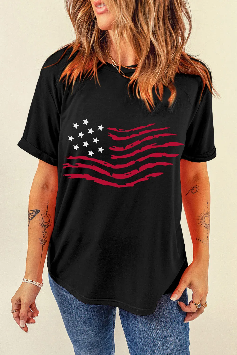 American Flag Graphic Crew Neck T Shirt
