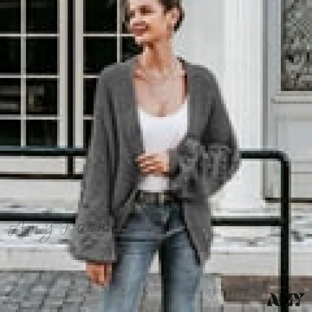 Amy Fashion - Simplee Loose women knitted lantern sleeve cardigans