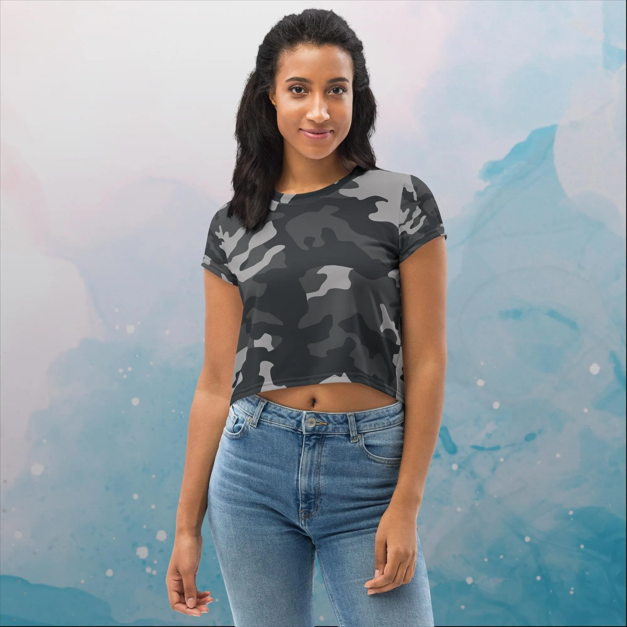 Black and Grey Camo Print Womens Crop Tee