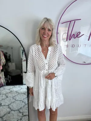 Broderie Anglaise Tiered Dress in White