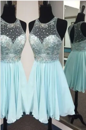 Cheap Light Blue Beaded Sleeveless Chiffon Juniors Homecoming Dresses