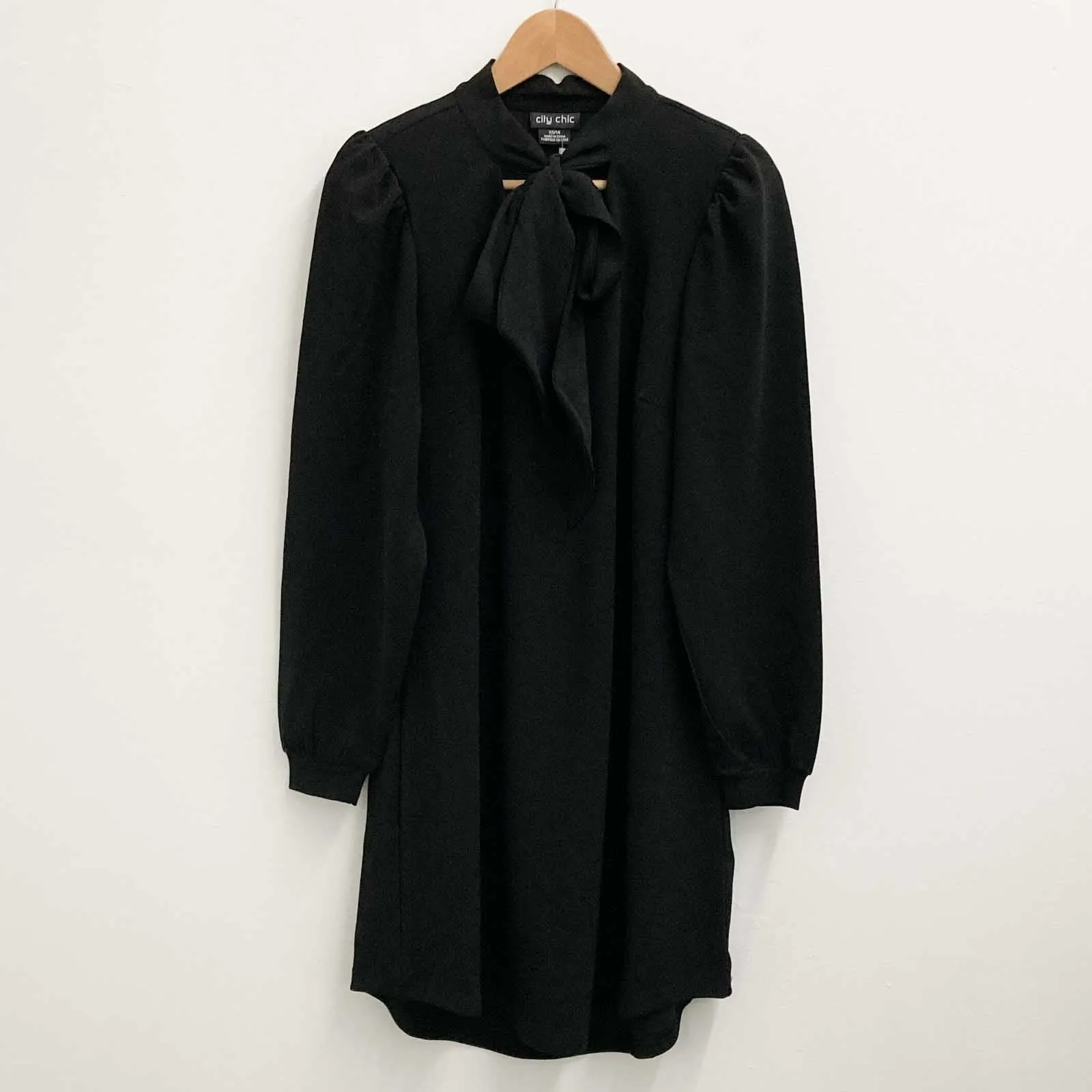 City Chic Black Long Sleeve Tie Neck Mini Dress UK 14