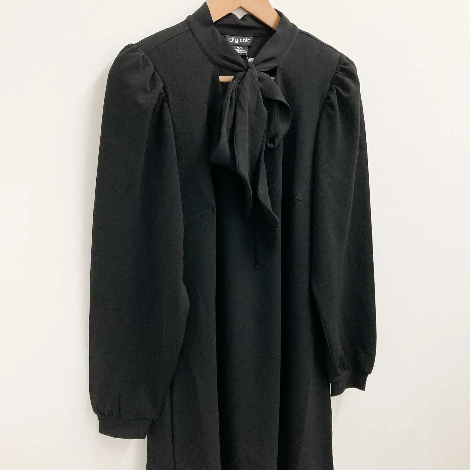 City Chic Black Long Sleeve Tie Neck Mini Dress UK 14