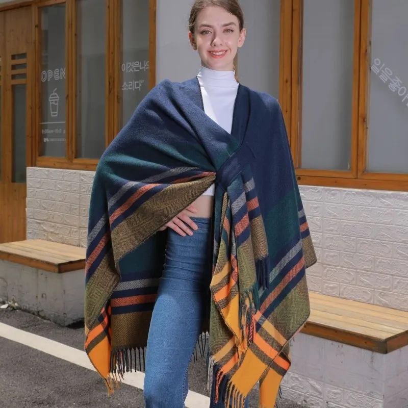 Color Striped Strap Inverness Women Jacquard Warm Tassel Cardigan Outer Wear