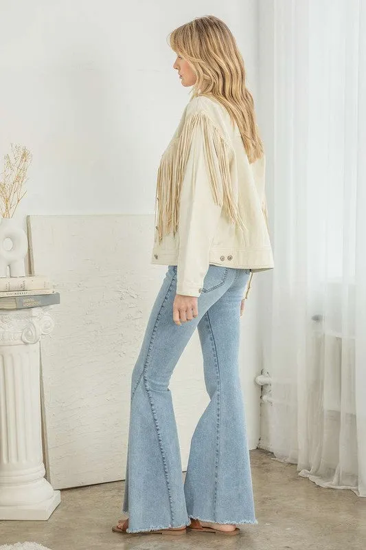 Cream Denim Fringe Jacket