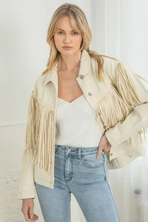 Cream Denim Fringe Jacket