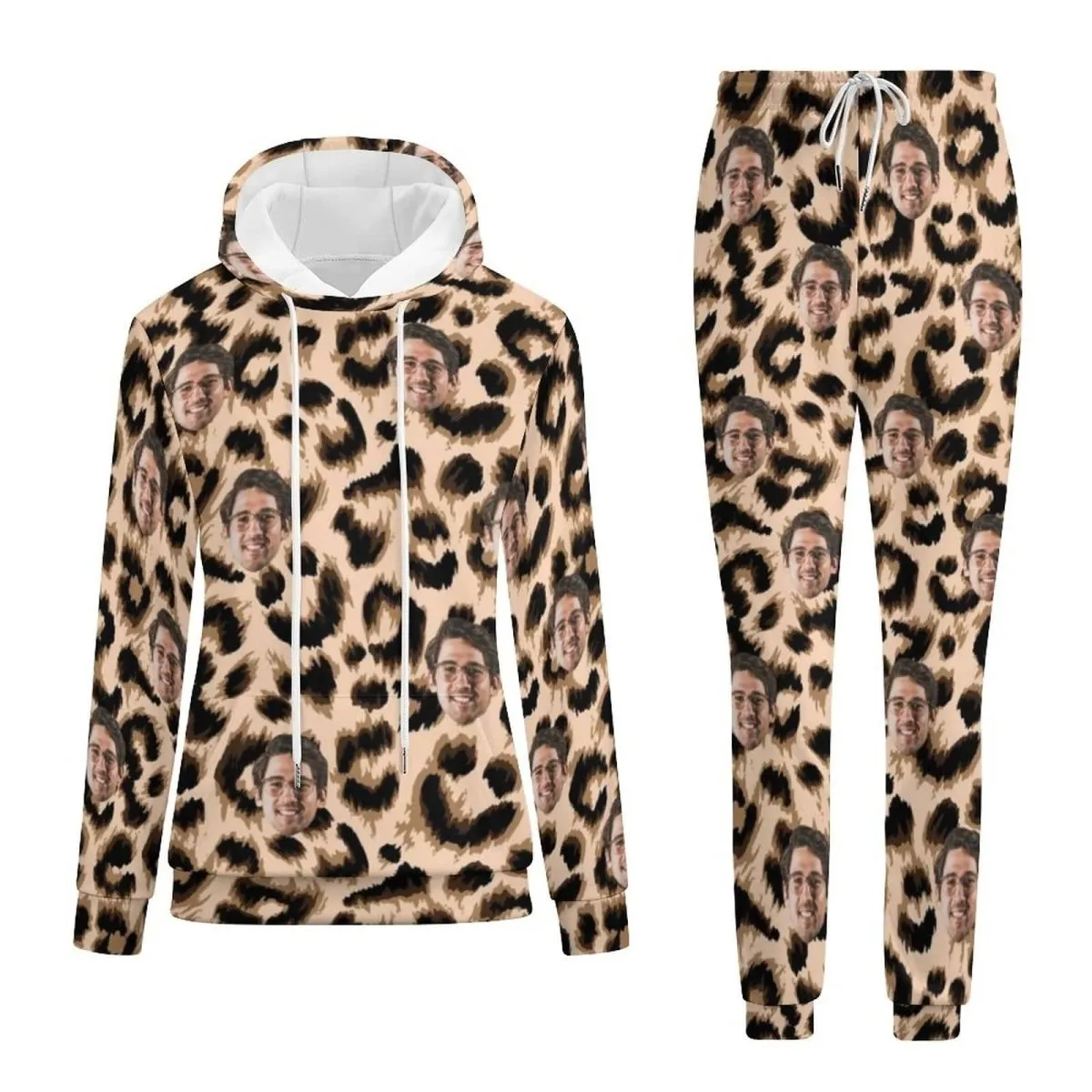 Custom Face Leopard Flower Hoodie Sweatpant Set Personalized Unisex Loose Hoodie Top Outfits