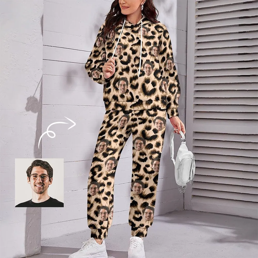 Custom Face Leopard Flower Hoodie Sweatpant Set Personalized Unisex Loose Hoodie Top Outfits