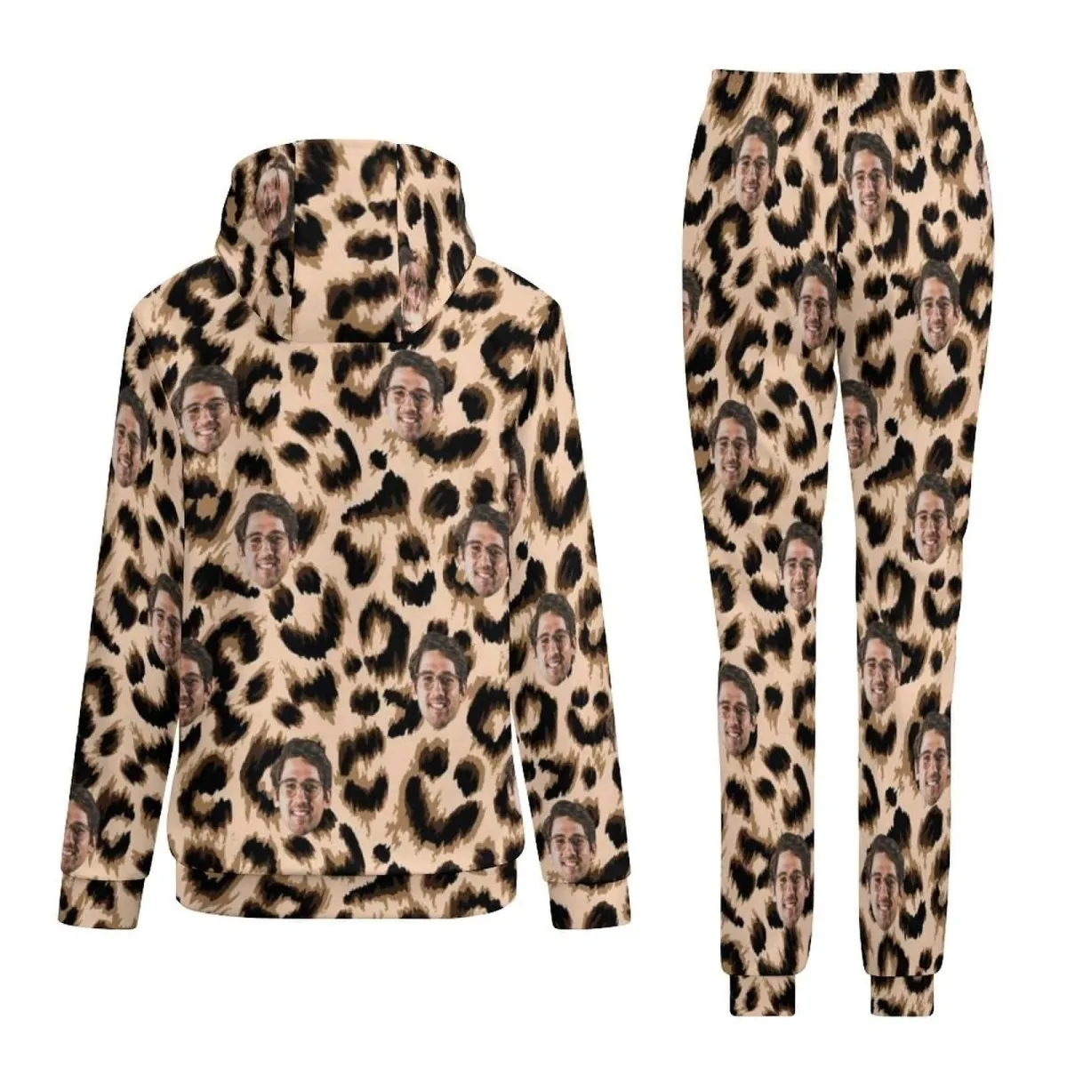 Custom Face Leopard Flower Hoodie Sweatpant Set Personalized Unisex Loose Hoodie Top Outfits