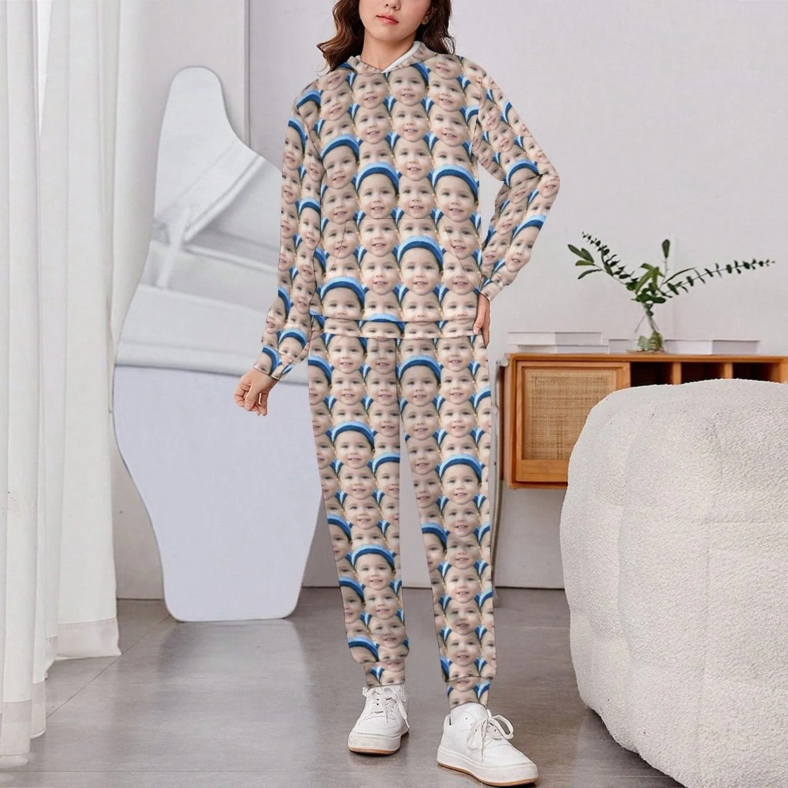 Custom Seamless Face Couple Hoodie Sweatpant Set Personalized Unisex Loose Hoodie Top Outfits