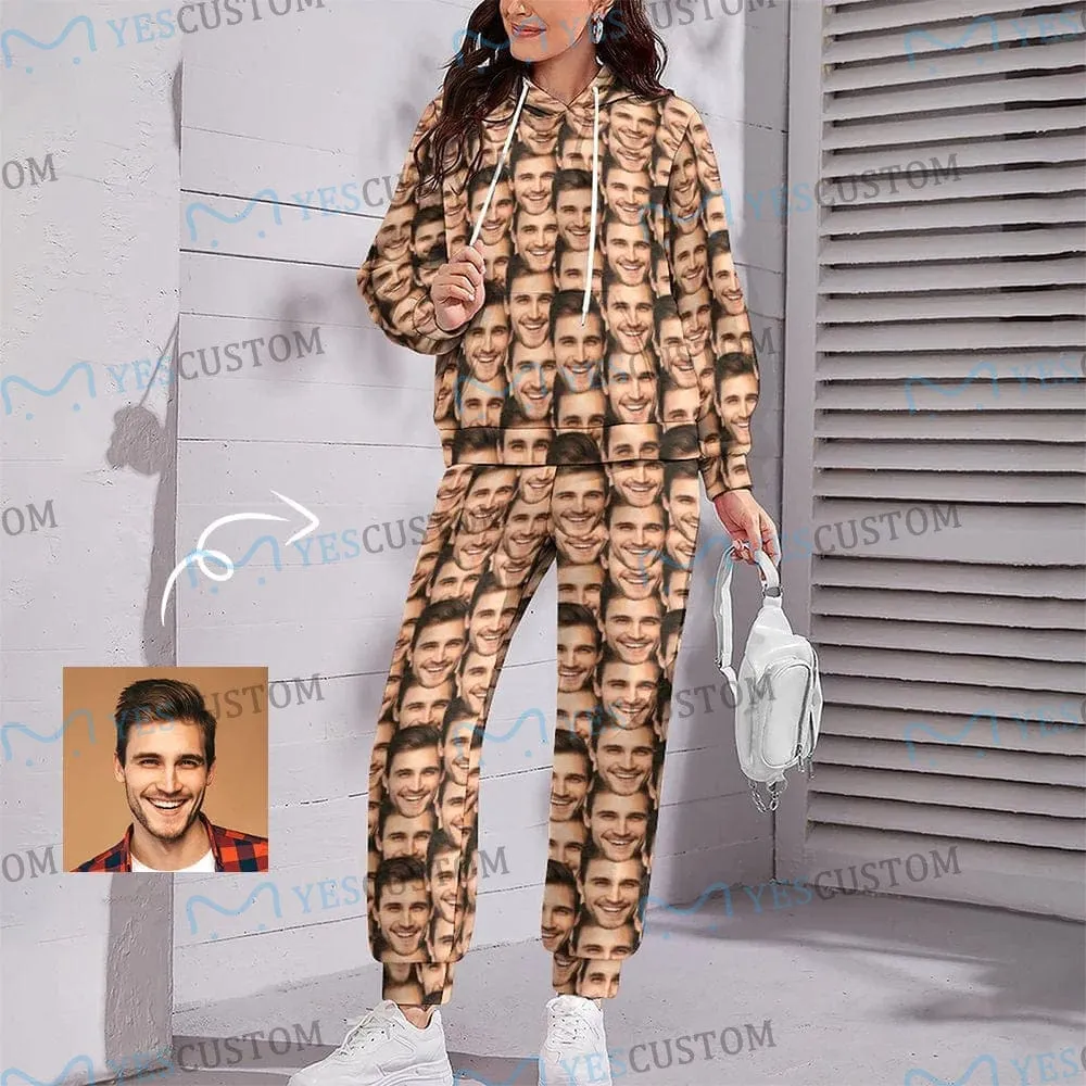 Custom Seamless Face Couple Hoodie Sweatpant Set Personalized Unisex Loose Hoodie Top Outfits