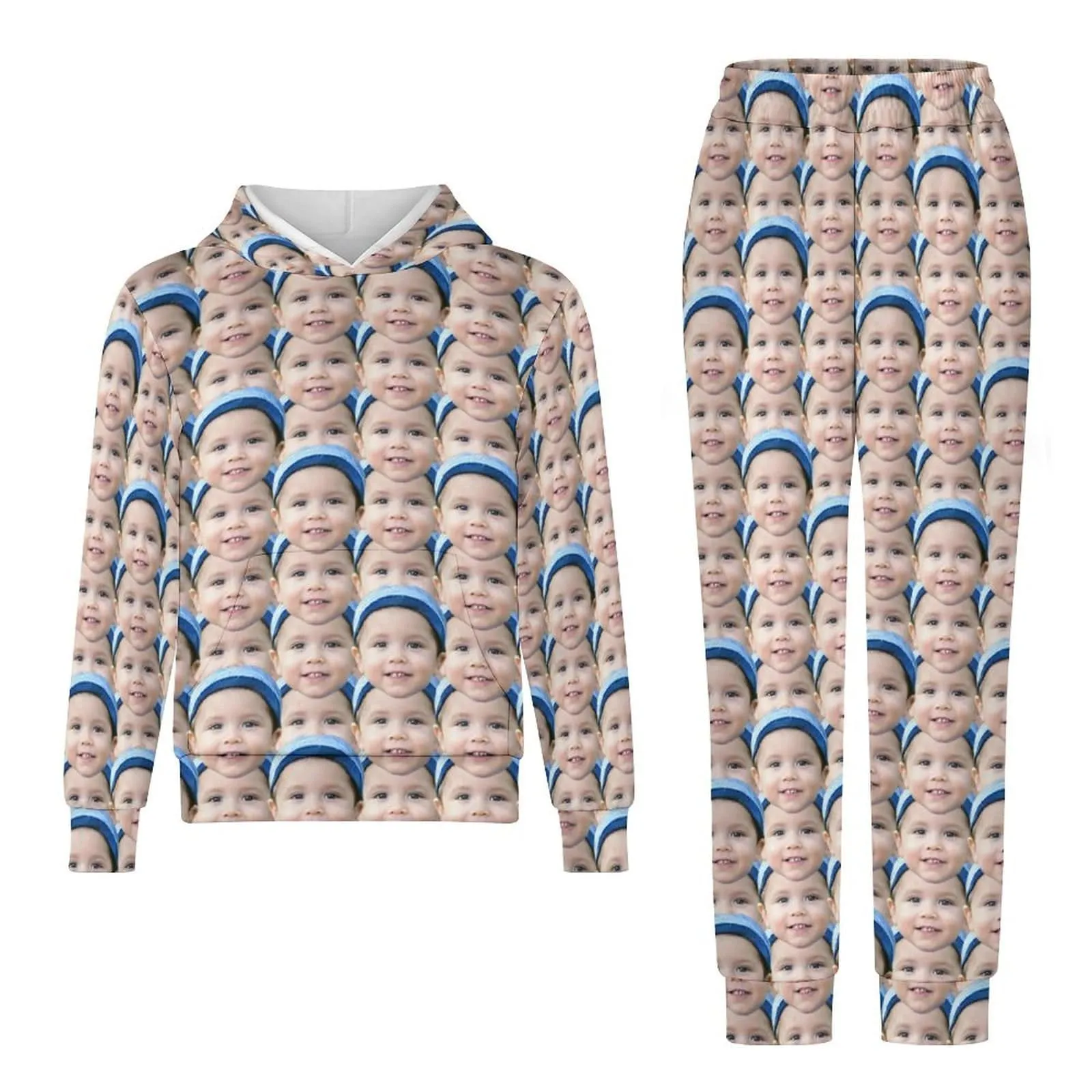 Custom Seamless Face Couple Hoodie Sweatpant Set Personalized Unisex Loose Hoodie Top Outfits