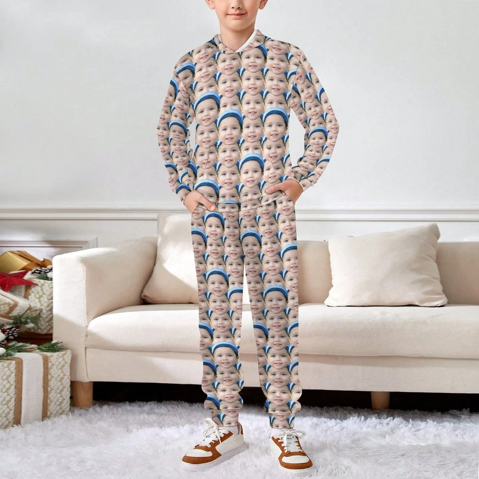 Custom Seamless Face Couple Hoodie Sweatpant Set Personalized Unisex Loose Hoodie Top Outfits