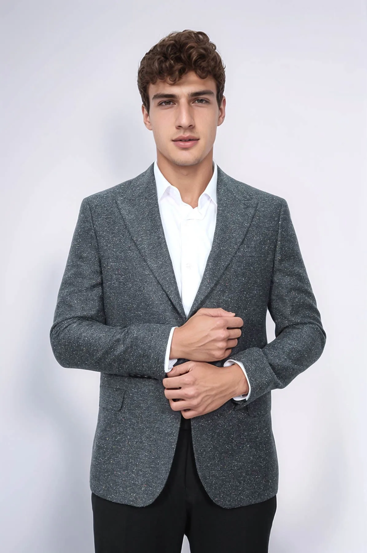 Houndstooth Pattern Wool Anthracite Men Blazer - Wessi