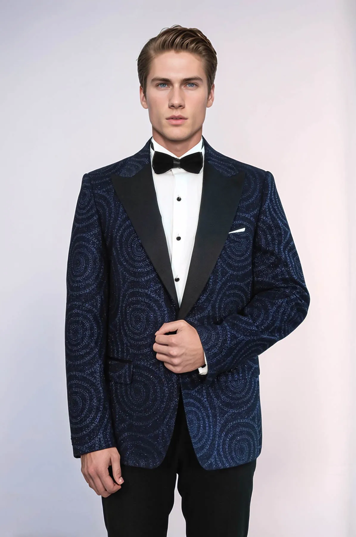 Hypnose Pattern Peak Lapel Slim Fit Navy Blue Men Tuxedo  Blazer - Wessi