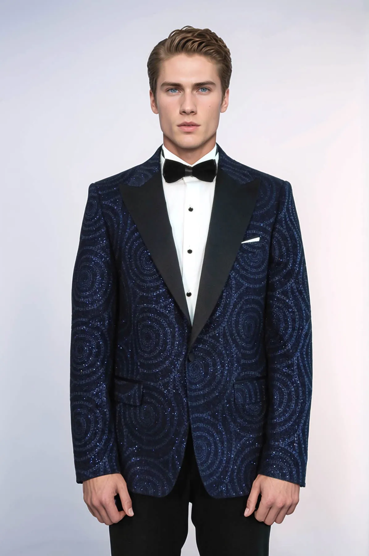 Hypnose Pattern Peak Lapel Slim Fit Navy Blue Men Tuxedo  Blazer - Wessi
