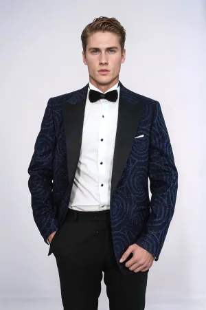 Hypnose Pattern Peak Lapel Slim Fit Navy Blue Men Tuxedo  Blazer - Wessi