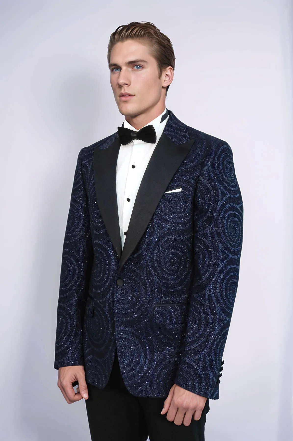 Hypnose Pattern Peak Lapel Slim Fit Navy Blue Men Tuxedo  Blazer - Wessi