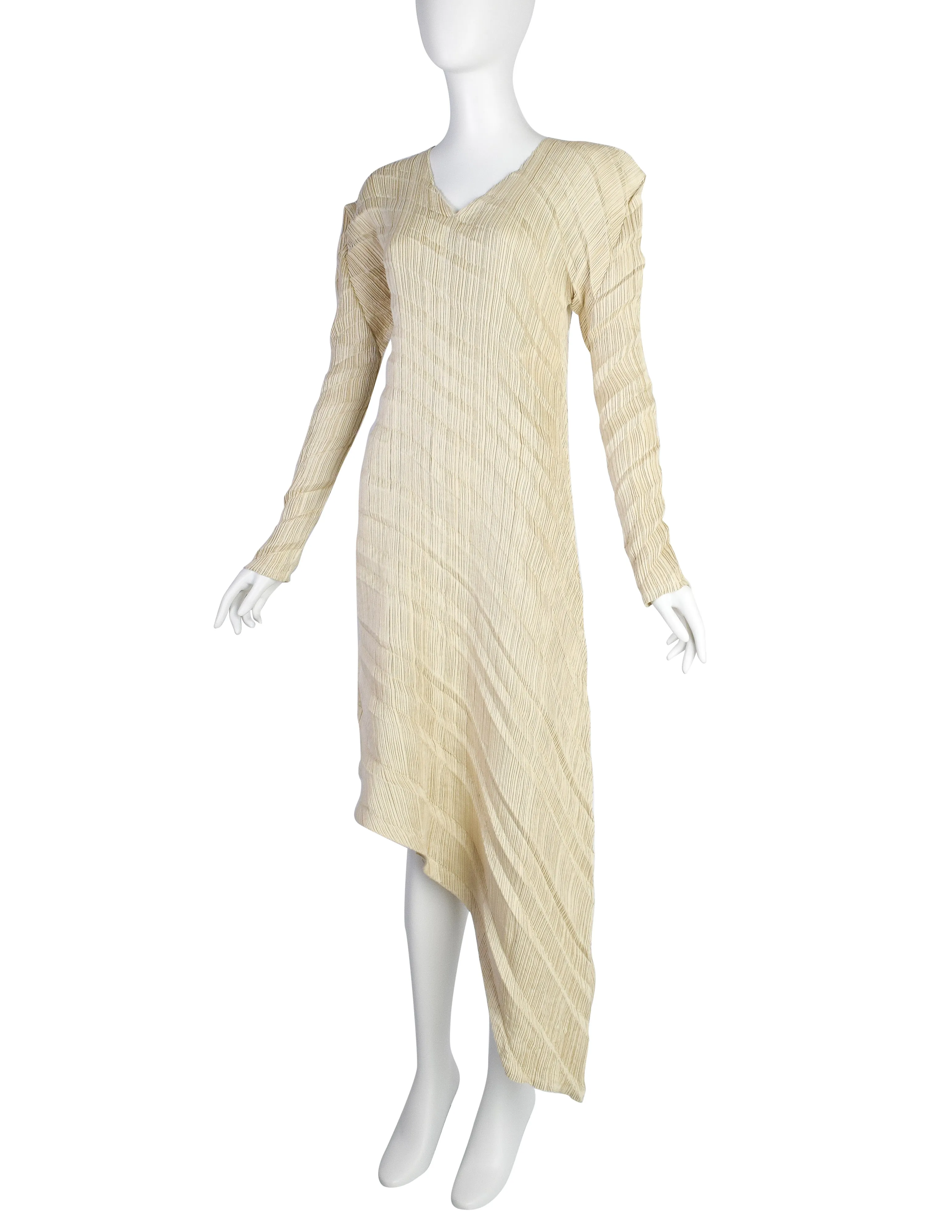 Issey Miyake Vintage SS 1995 Beige Sheen Structured Diagonal Pleated Asymmetrical Dress