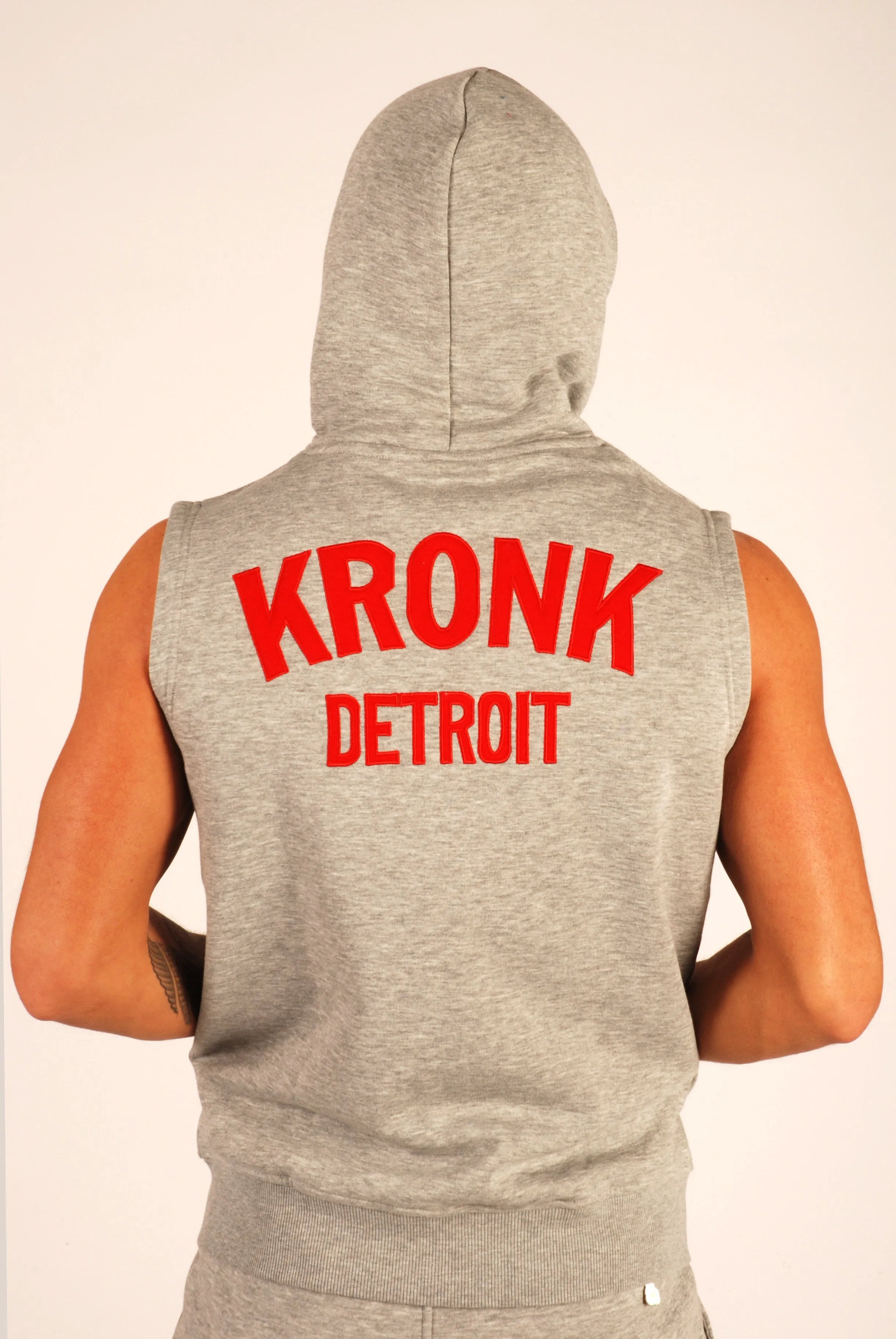 KRONK Detroit Applique Zip through Sleeveless Hoodie Sports Grey