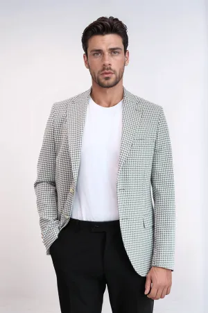 Light Grey Houndstooth Pattern Gold Metal Button Slim Fit Men's Blazer Jacket - Wessi
