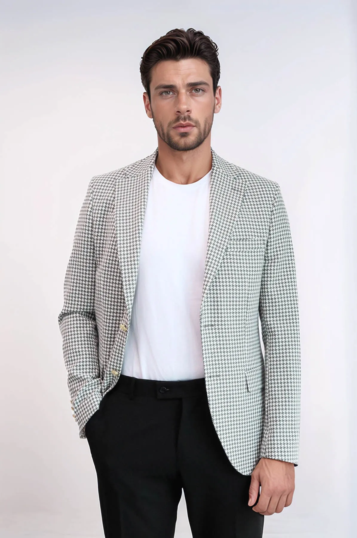 Light Grey Houndstooth Pattern Gold Metal Button Slim Fit Men's Blazer Jacket - Wessi