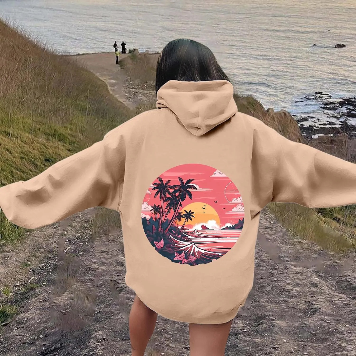Meet Me at The Ocean Graphic Hoodie For Women Long Sleeve Preppy Sweatshirts Oversized Pullover Hoodies for Teen Girls