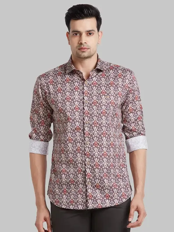 Men Brown Slim Fit Print Cotton Shirts