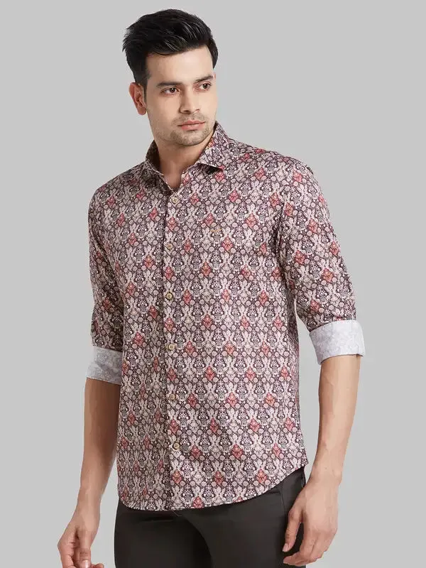 Men Brown Slim Fit Print Cotton Shirts