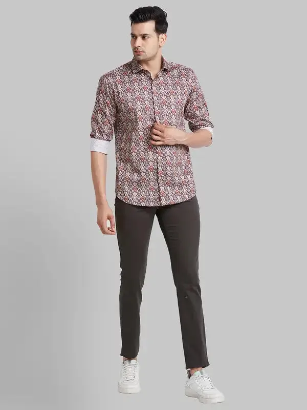 Men Brown Slim Fit Print Cotton Shirts