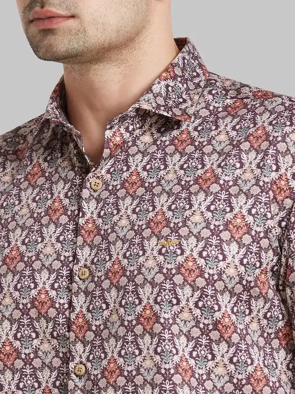 Men Brown Slim Fit Print Cotton Shirts