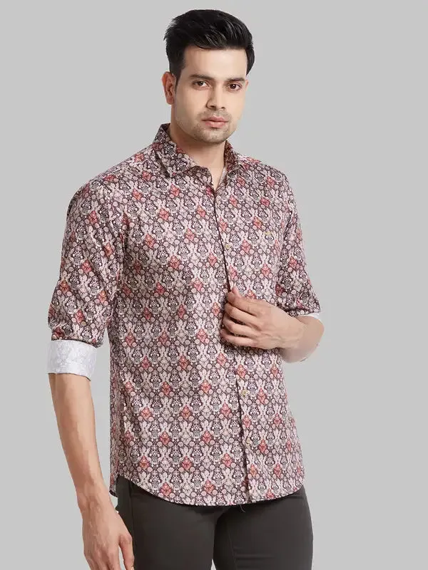 Men Brown Slim Fit Print Cotton Shirts