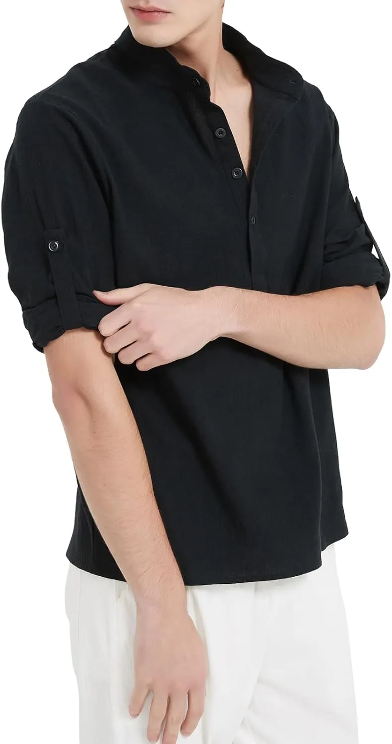 Men's Casual Henley Shirt Cotton Linen Shirts Long Sleeve Hippie Beach T-Shirt