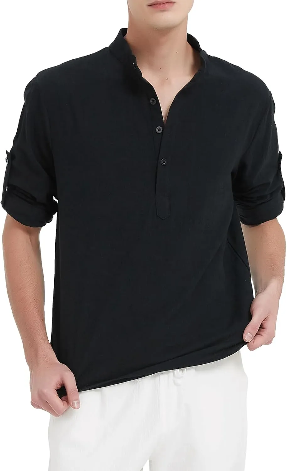 Men's Casual Henley Shirt Cotton Linen Shirts Long Sleeve Hippie Beach T-Shirt