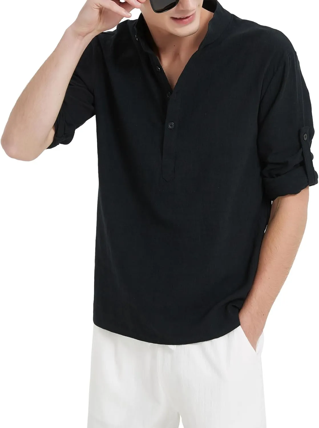 Men's Casual Henley Shirt Cotton Linen Shirts Long Sleeve Hippie Beach T-Shirt