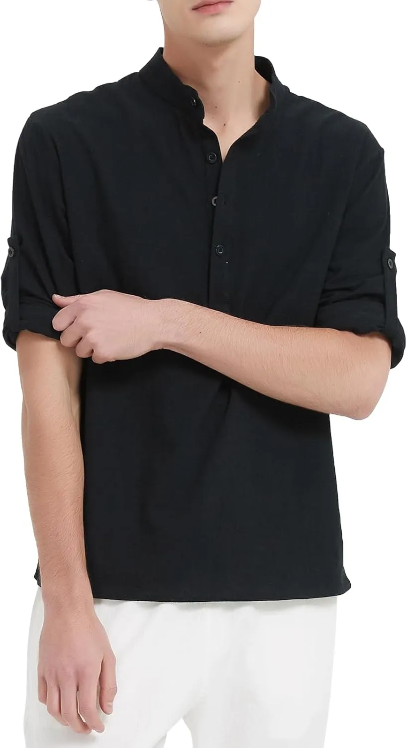 Men's Casual Henley Shirt Cotton Linen Shirts Long Sleeve Hippie Beach T-Shirt
