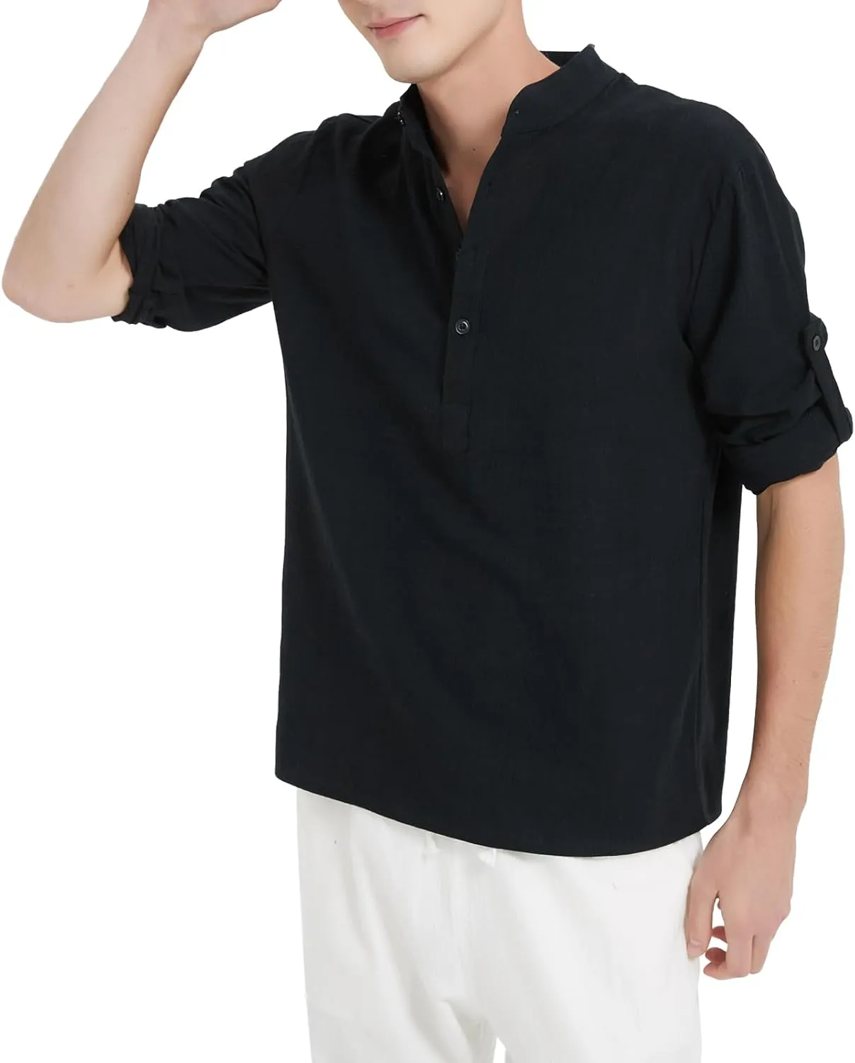 Men's Casual Henley Shirt Cotton Linen Shirts Long Sleeve Hippie Beach T-Shirt