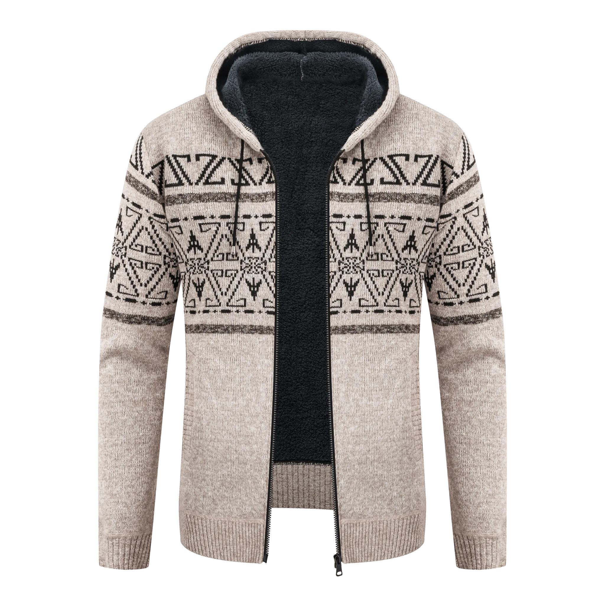 Men's Khaki Full Zipper Fleece Hoodie-ZPK005864