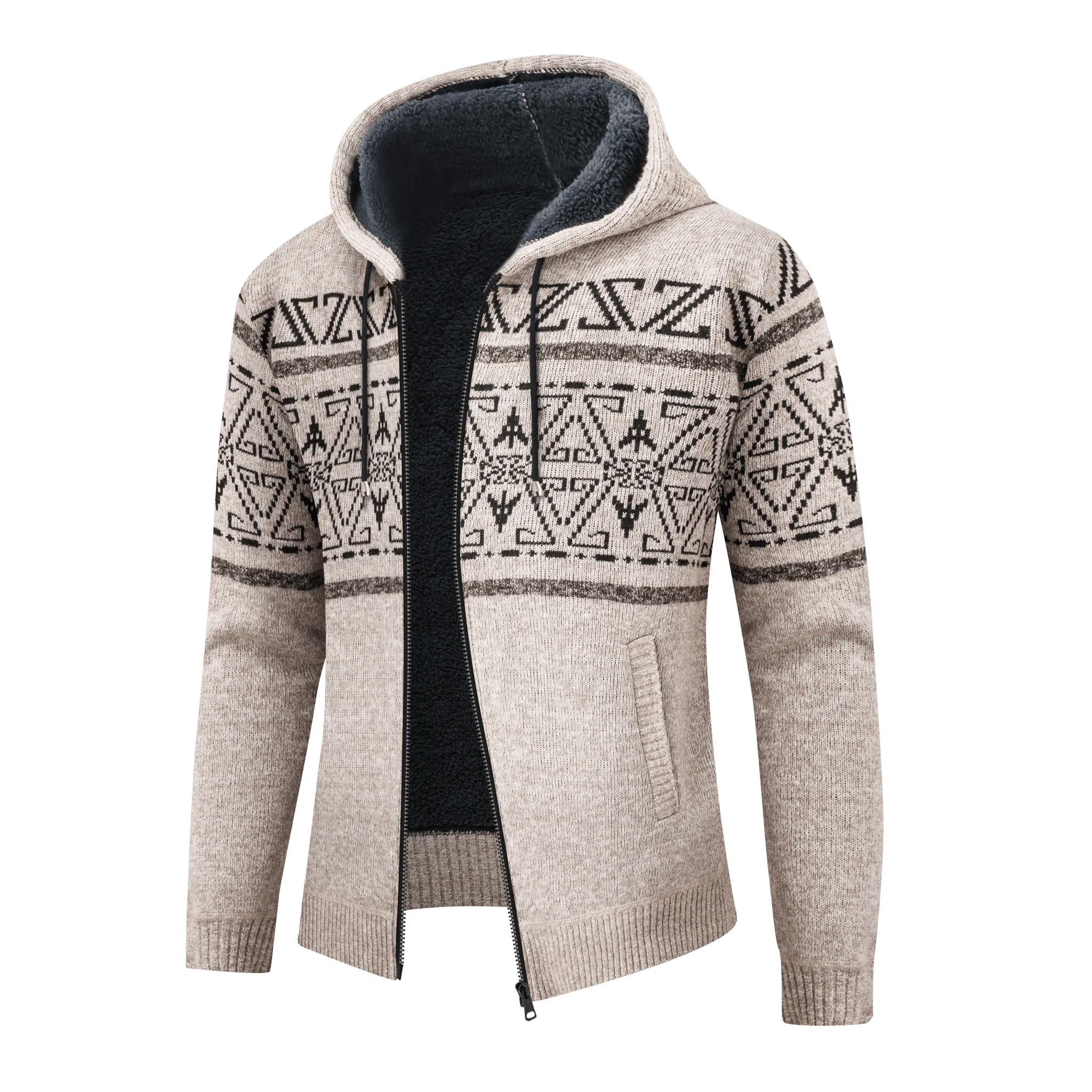 Men's Khaki Full Zipper Fleece Hoodie-ZPK005864