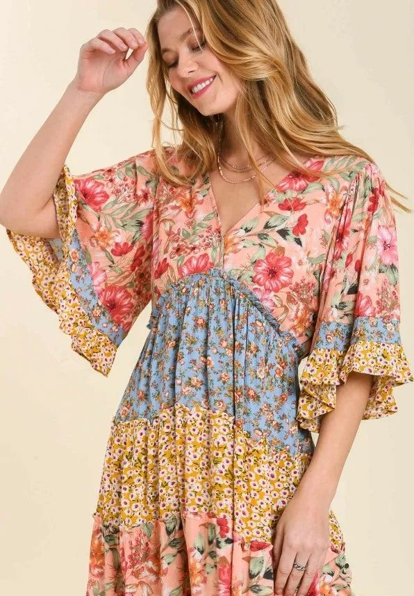 Mixed Floral Print Bohemian Midi Dress