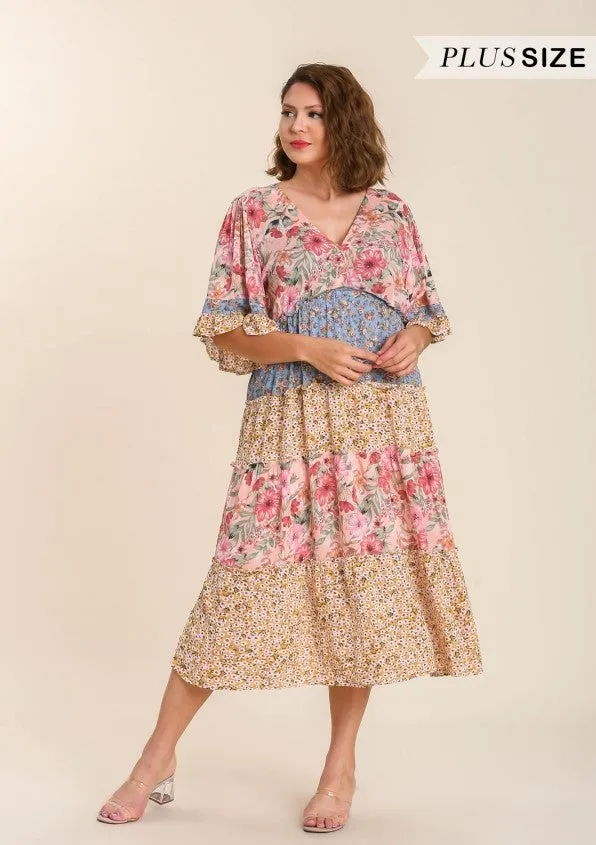 Mixed Floral Print Bohemian Midi Dress