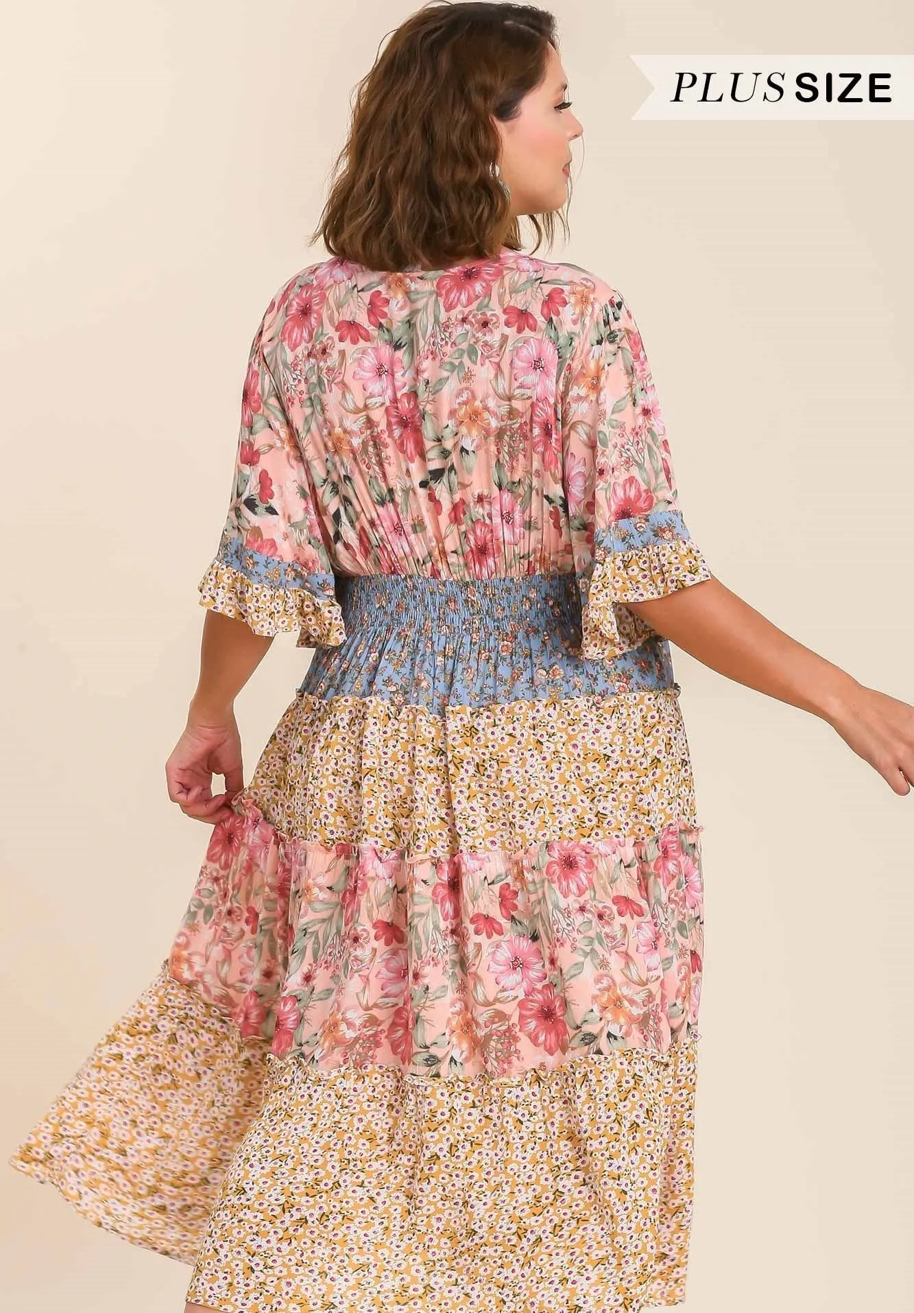 Mixed Floral Print Bohemian Midi Dress
