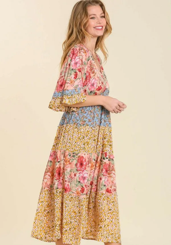 Mixed Floral Print Bohemian Midi Dress