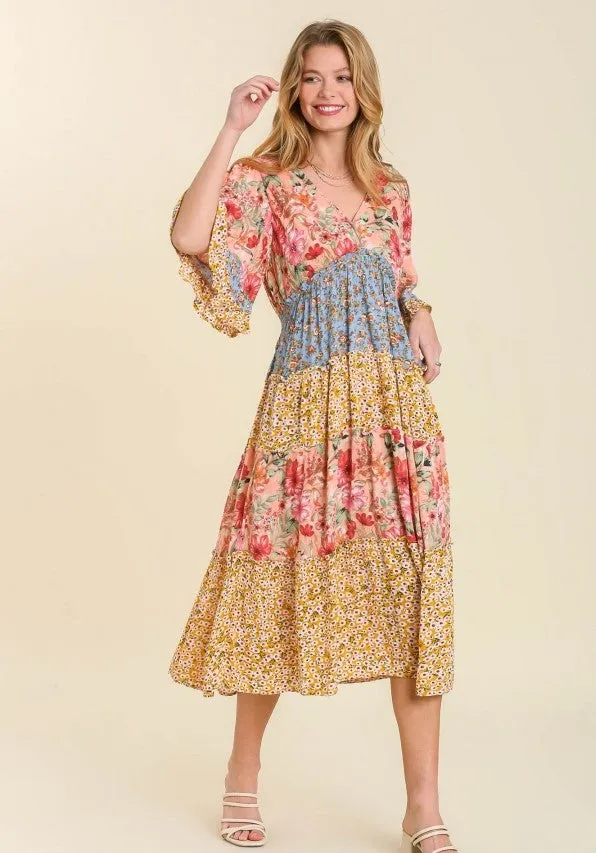 Mixed Floral Print Bohemian Midi Dress