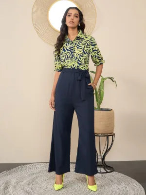 Navy Blue & Yellow Satin & Polyester Printed Jumpsuit
